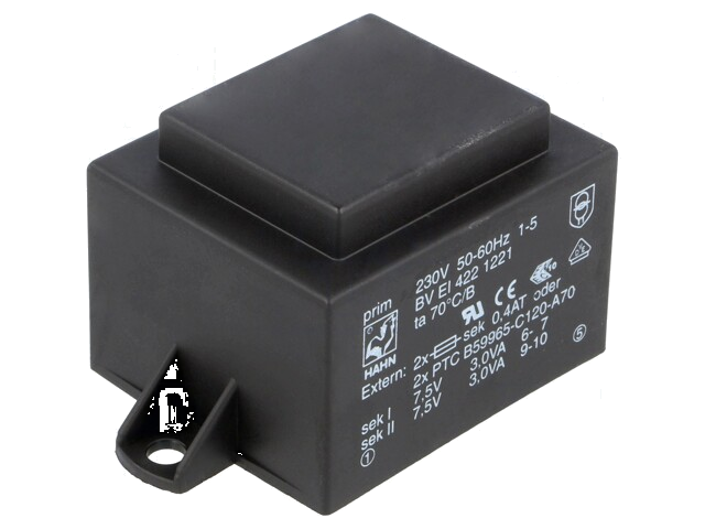 Transformator: ingegoten; 6VA; 230VAC; 7,5V; 7,5V; 400mA; 400mA; PCB Transformator: ingegoten; 6VA; 230VAC; 7,5V; 7,5V; 400mA; 400mA; PCB